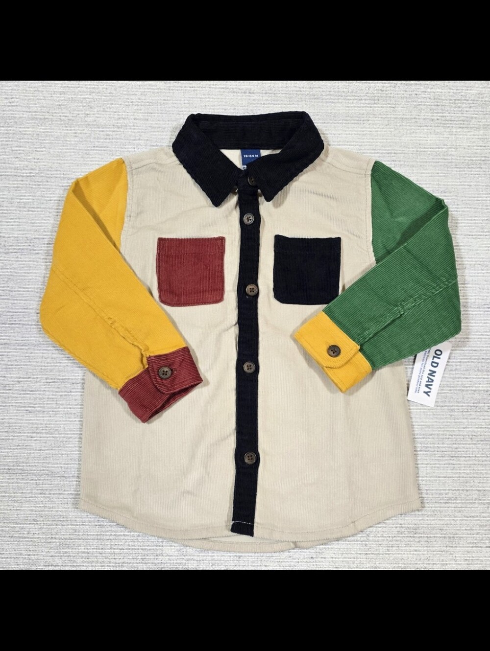Old Navy Long Sleeve Corduroy Shirt Baby Sz 18-24M Colorblock Cotton Pockets NEW